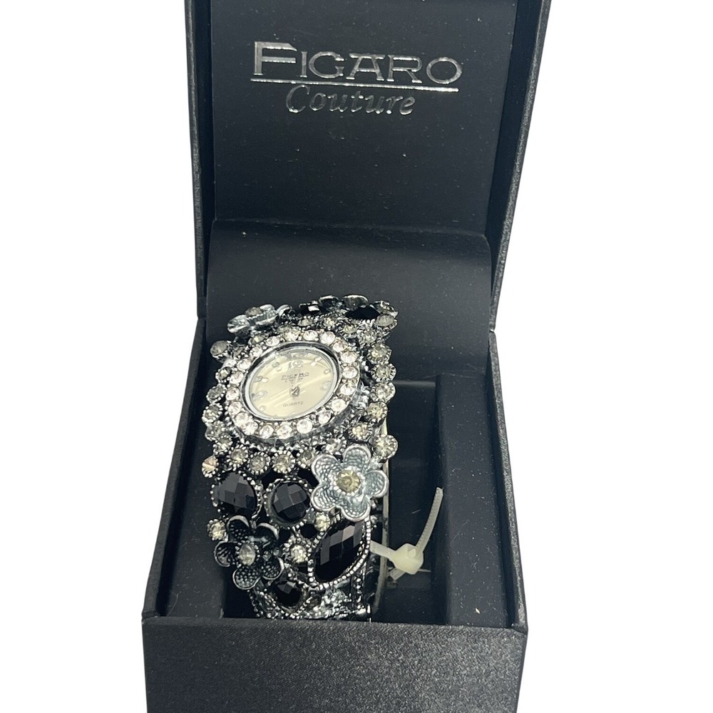 FIGARO Couture Women's Silver-Tone Rhinestone Black Stone Bangle Cuff Watch